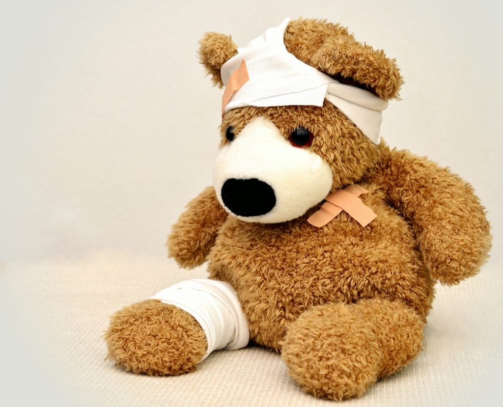 An image of an injured stuffed animal.